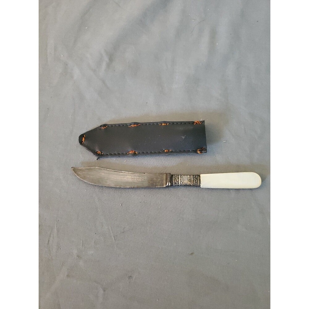 ANTIQUE 1866? MERIDEN CUTLERY FRUIT KNIVE MOP HANDLES STERLING SILVER BANDS